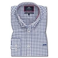 Mens White & Navy Check Washed Cotton Oxford Slim Fit Shirt - Single Cuff