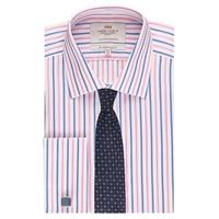 mens pink blue stripe slim fit shirt double cuff easy iron