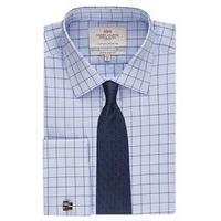 Men\'s Formal Blue & White Grid Check Extra Slim Fit Shirt - Double Cuff - Easy Iron