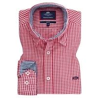Men\'s Red & Navy Gingham Check Oxford Slim Fit Shirt - Single Cuff