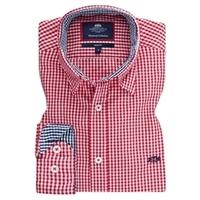 mens red navy gingham check oxford slim fit shirt single cuff