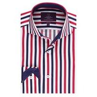 Men\'s Curtis Red & Navy Multi Stripe Slim Fit Shirt - High Collar - Single Cuff