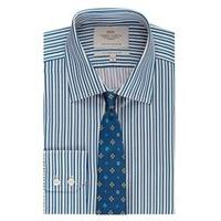 Men\'s Navy & White Multi Stripe Slim Fit Shirt - Single Cuff - Easy Iron