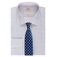 Men\'s White & Navy Grid Check Slim Fit Shirt - Single Cuff - Easy Iron