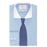 Men\'s Blue & White Gingham Check Extra Slim Fit Shirt - White Cutaway Collar