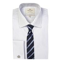 Men\'s White & Purple Stripe Slim Fit Cotton Shirt - Double Cuff