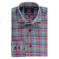 mens pink green check slim fit linen shirt high collar