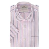 Men\'s White & Pink Multi Stripe Tailored Fit Short Sleeve Shirt - Easy Iron