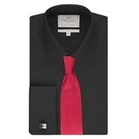 mens black poplin slim fitted shirt double cuff easy iron