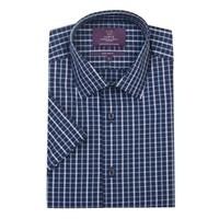 Men\'s Navy & Blue Grid Check Extra Slim Fit Cotton Shirt - Short Sleeve