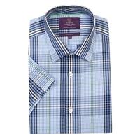 Men\'s Blue & Green Large Check Extra Slim Fit Cotton Shirt - Short Sleeve