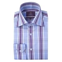 Men\'s Blue & Purple Large Check Slim Fit Shirt - High Collar - Single Cuff