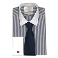 Men\'s Grey & White Stripe Extra Slim Fit Shirt With White Collar & Cuff - Double Cuff