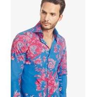 Men\'s Curtis Blue & Fuchsia Jessie Bloom Slim Fit Shirt - High Collar - Single Cuff