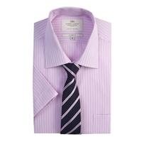 Men\'s Pink & White Multi Stripe Tailored Fit Short Sleeve Shirt - Easy Iron