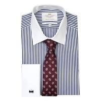 Men\'s Navy & White Bengal Stripe Extra Slim Fit Shirt With White Collar & Cuff - Double Cuff