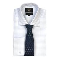 mens blue white grid check slim fit shirt double cuff 2 ply 140s cotto ...