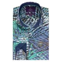 Men\'s Curtis Green & Purple Floral Design Slim Fit Shirt - High Collar - Single Cuff