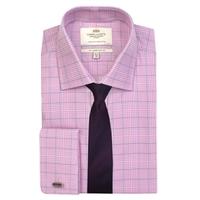 Men\'s Pink & Navy Prince of Wales Check Slim Fit Cotton Shirt - Double Cuff