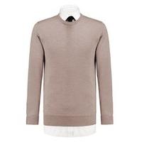 mens beige slim fit round neck jumper italian made merino wool