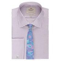 mens formal white purple grid check slim fit shirt double cuff easy ir ...