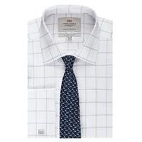 Men\'s Formal White & Navy Large Grid Check Slim Fit Shirt - Double Cuff - Easy Iron