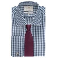 Men\'s Formal White & Navy Gingham Check Classic Fit Shirt - Double Cuffs - Easy Iron