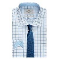 Men\'s White & Blue Large Check Classic Fit Shirt With Pocket - Single Cuff - Easy Iron