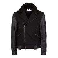 Mens Black Wool Rich Contrast Leather Sleeve Biker Jacket, Black