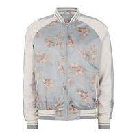 Mens Grey and White Butterfly Print Souvenir Bomber Jacket, Grey