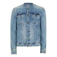 Mens Blue Collarless Denim Jacket, Blue