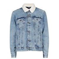 Mens Blue Acid Wash Faux Shearling Collar Jacket, Blue