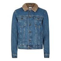 Mens Mid Wash Blue Faux Shearling Collar Denim Jacket, Blue