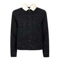 Mens Washed Black Faux Shearling Collar Denim Jacket, Black