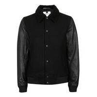 mens black wool rich contrast leather sleeve bomber jacket black