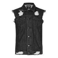 Mens ALWAYS RARE Black Distressed Sleeveless Denim Jacket, Black