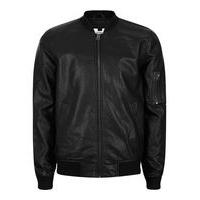 Mens Black Faux Leather Bomber Jacket, Black