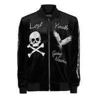 Mens LOST YOUTH Black Velour Bomber Jacket, Black