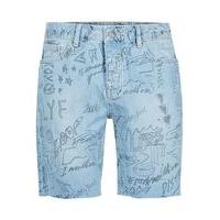 Mens Blue Scribble Raw Edge Denim Shorts, Blue