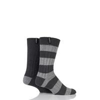 Mens 2 Pair Glenmuir Cotton Blend Block Stripe and Plain Ribbed Leisure Socks