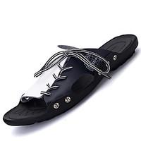 mens slippers flip flops comfort cowhide leather casual flat heel lace ...