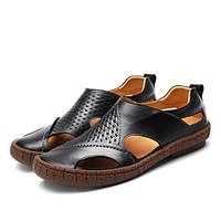 Men\'s Sandals Hole Shoes Light Soles Cowhide Leather Spring Summer Office Career Casual Flat Heel Brown Black Flat