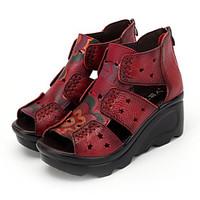 Men\'s Sandals Comfort Leather Summer Casual Comfort Flower Wedge Heel Black Ruby 3in-3 3/4in