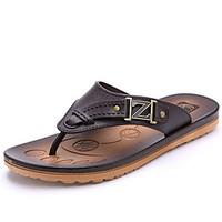 Men\'s Slippers Flip-Flops Comfort PU Summer Casual Comfort Flat Heel Black Brown Blue