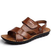 mens sandals leather summer casual walking flat heel black brown