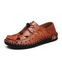 Men\'s Sandals Hole Shoes Light Soles Cowhide Leather Spring Summer Office Career Casual Gore Flat Heel Dark Brown Light Brown Black Flat