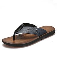 Men\'s Slippers Flip-Flops Spring Summer Comfort PU Casual Flat Heel Beading Dark Brown Blue Yellow