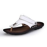 Men\'s Sandals Comfort Cowhide Leather Nappa Leather Summer Fall Outdoor Athletic Casual Button Flat Heel Black White Flat