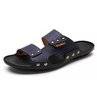 Men\'s Slippers Flip-Flops Comfort Cowhide Summer Casual Comfort Flat Heel Dark Blue Beige Black Flat