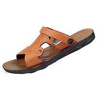 Men\'s Slippers Flip-Flops Comfort PU Summer Outdoor Comfort Flat Heel Dark Brown Light Brown Blue Flat